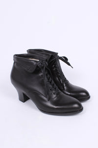 1930s style leather lace-up ankle boot - Black - Betty