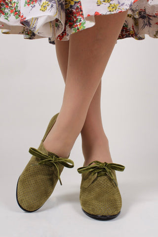 40's vintage style pumps in suede with lace - Green - Esther