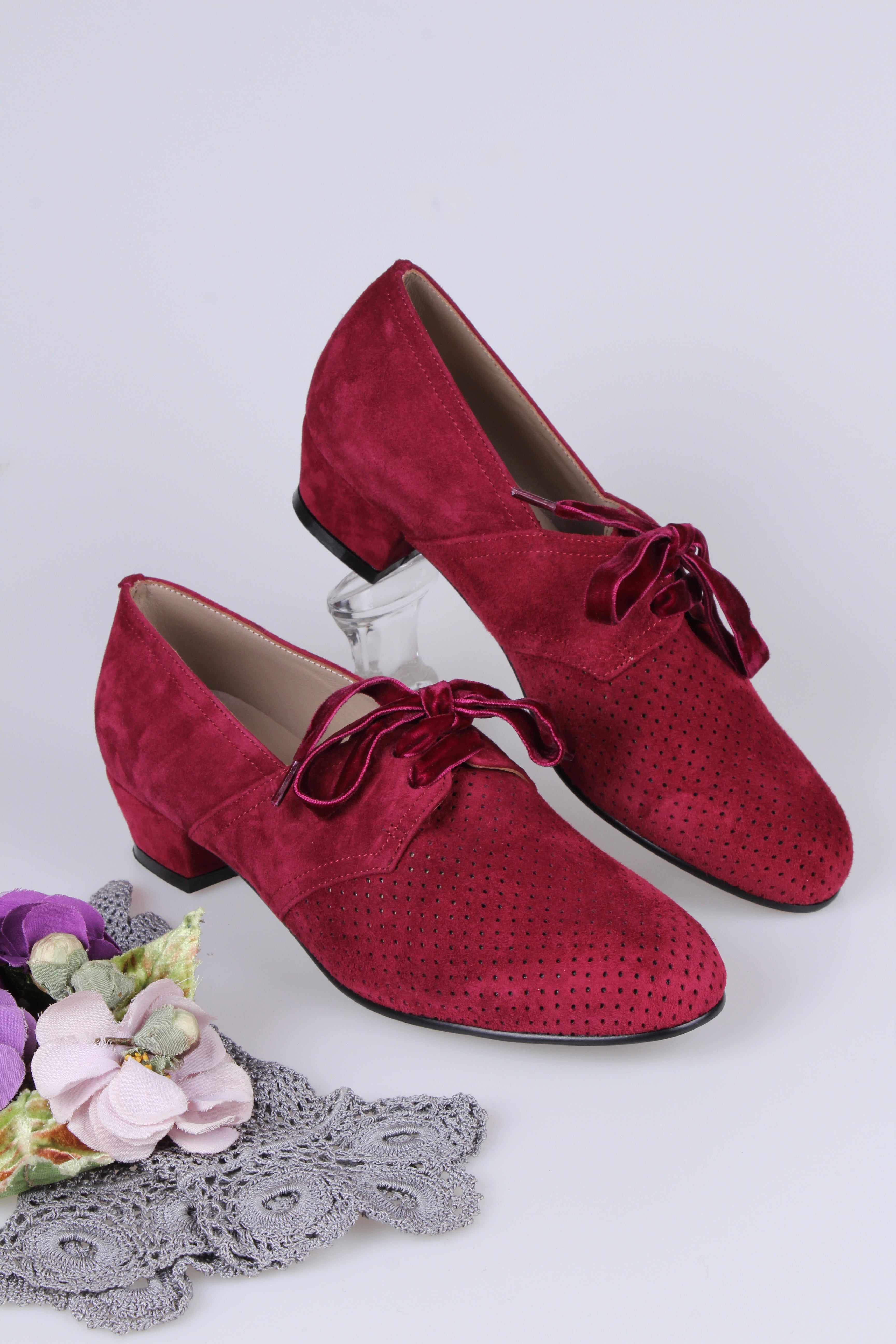 40s burgundy red vintage style Oxford shoes in suede - Low heel - red -Esther