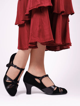1930s evening shoe with T - strap crafted from leather and suede - Black - Wilma - memery
