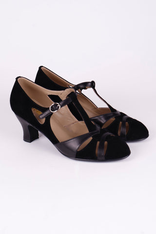 1930s evening shoe with T - strap crafted from leather and suede - Black - Wilma - memery