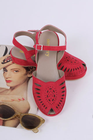 1940s / 50s suede wedge sandals - Red - Ella - memery