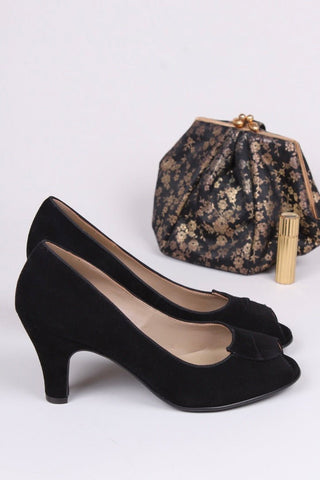 1940s suede high heel with peep toe - Black - Margaret - memery