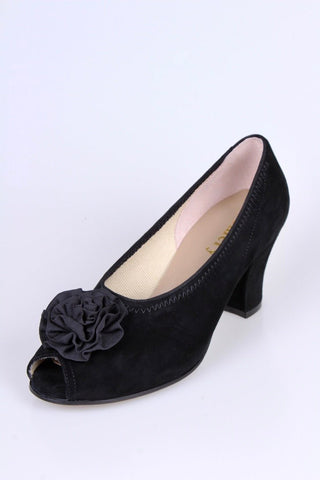 1940s suede pumps with rosette and peep toe - Black - Jean - memery