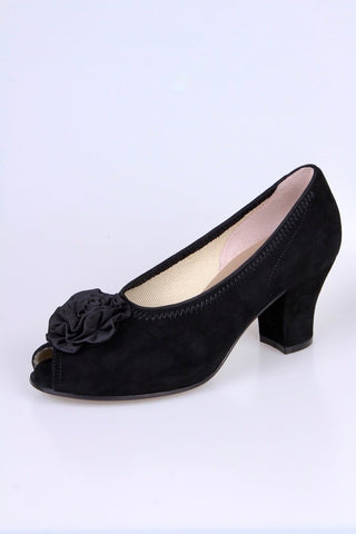 1940s suede pumps with rosette and peep toe - Black - Jean - memery