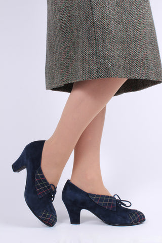 40s vintage style pumps in suede with colored stitches - Navy Blue - Edith