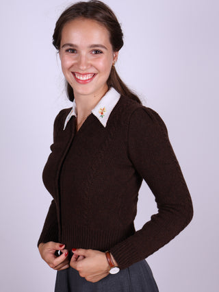Cute and feminine cable knit 1940s cardigan - Merino - Brown melange - Astrid