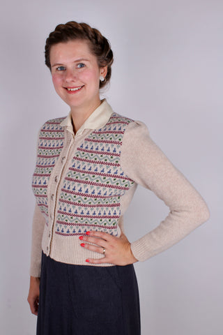 1940s vintage style cardigan - Merino - Cream with pattern - Rosemary