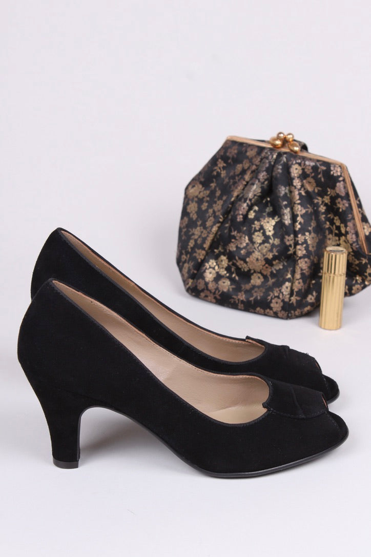 Black Suede Black Open Toe Court Shoes Silvia Black Suede Peep Toe