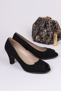 Early 1950's suede high heel with peep toe- Black - Margaret