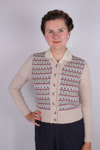 1940s vintage style cardigan - Merino - Cream with pattern - Rosemary