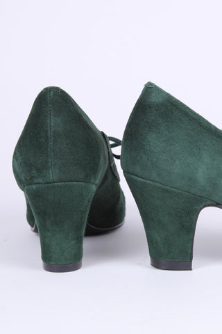 40s vintage style pumps in suede with colored stitches - Dark Green - Edith