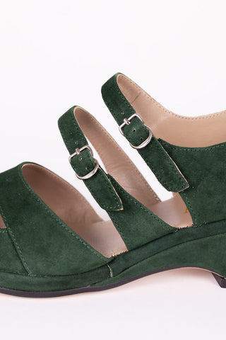 1940s - suede wedge sandals - Dark Green - Irene