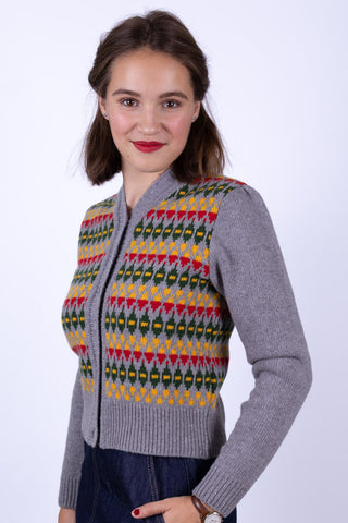 1940s style Merino cardigan - Grey melange with pattern - Roberta