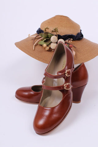 Early 30s pump with double ankle straps - Cognac brown - Judy - memery