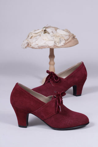 1940s pumps in suede with velvet laces - Burgundy red - Esther - memery