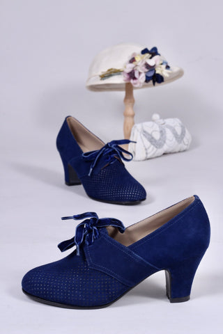 1940s pumps in suede with velvet laces - Navy blue - Esther - memery
