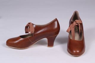 Late 1920's style pumps with shoe lace - Cognac brown - Charlotte
