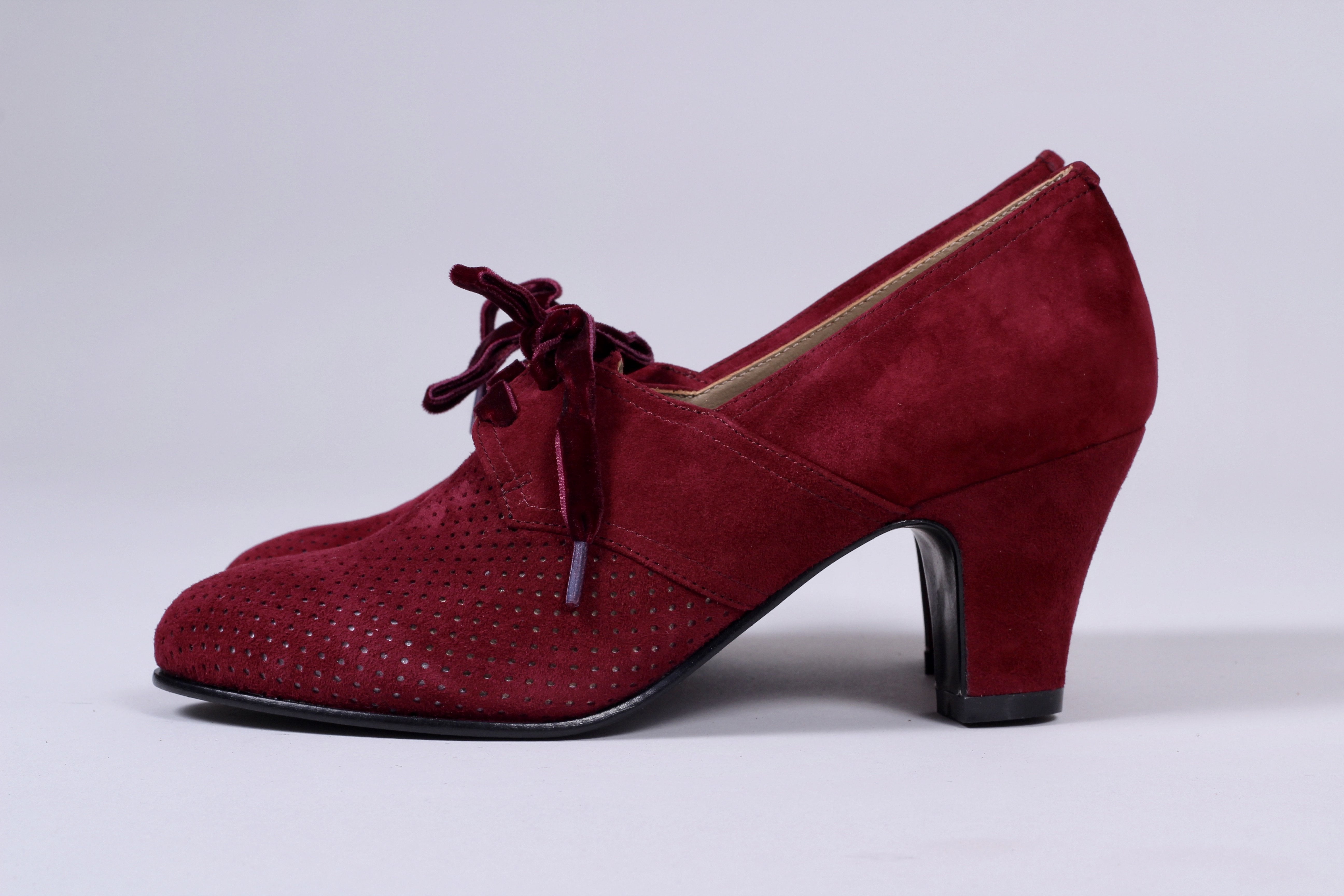 40's vintage style pumps in suede with lace - Red - Esther