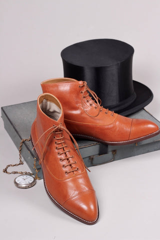 Men's Edwardian 10s / 20s style ankle leather boot - Cognac brown - William - memery